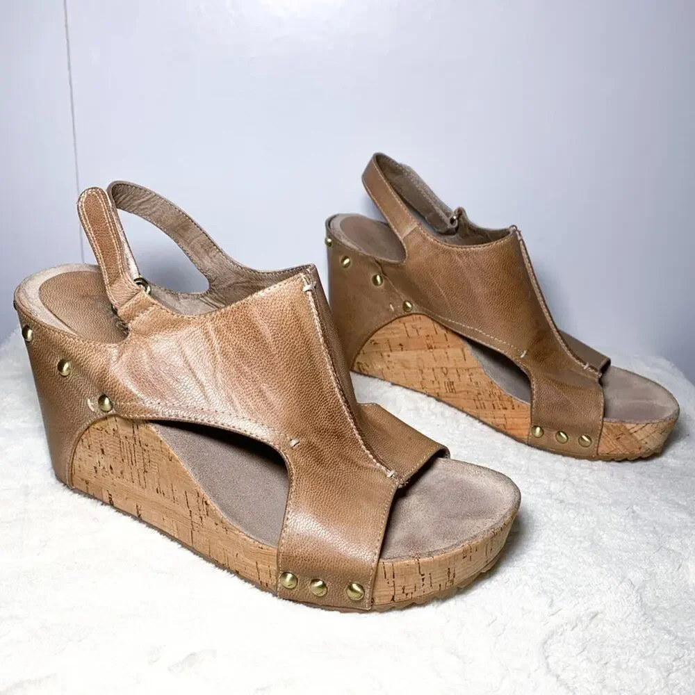 ANTELOPE 724 Hi Brush Leather Zip Wedge Cork Sandals in Tan Size 40